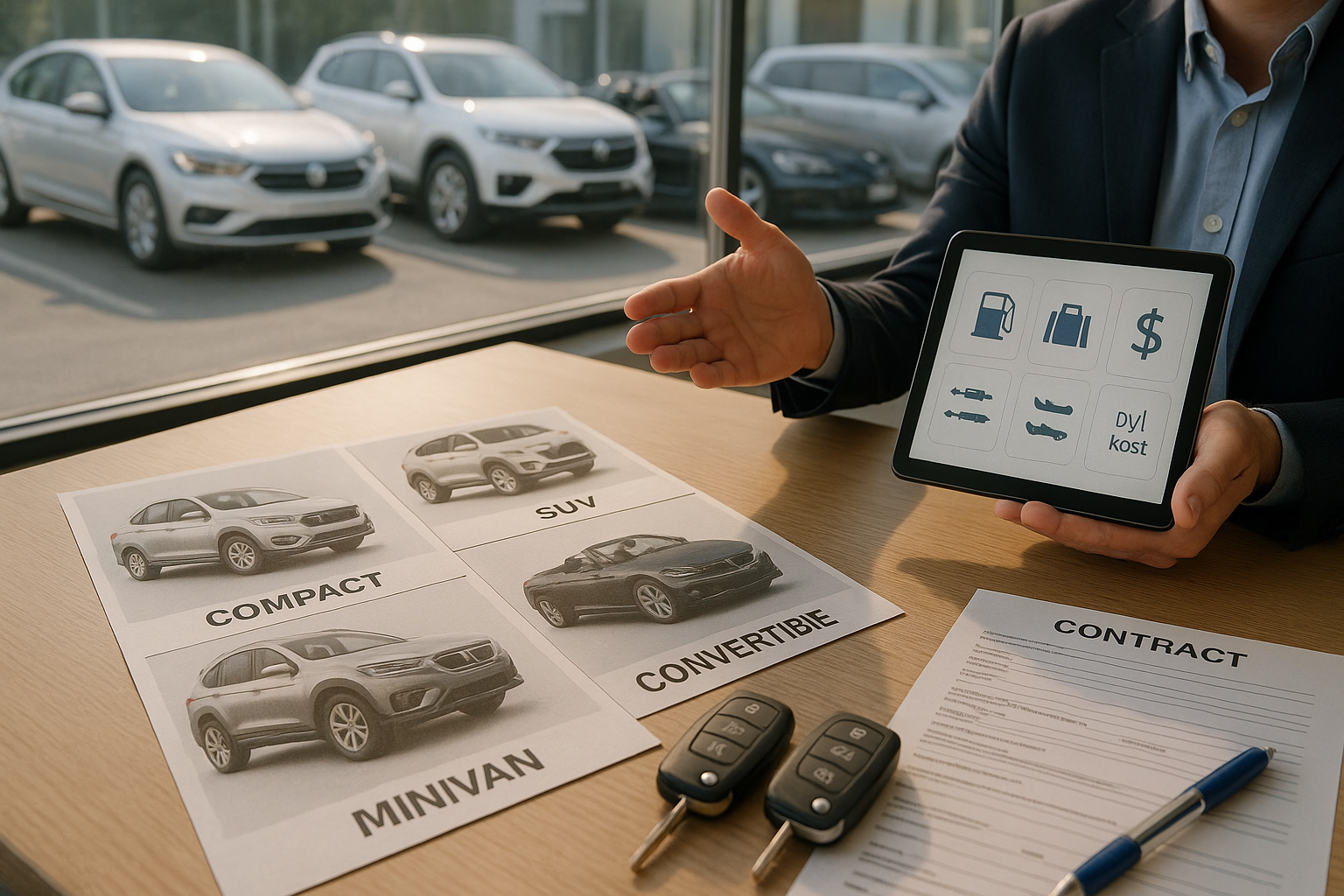 Moderna agencija za najam automobila, agent pokazuje uporednu tablicu na tabletu, brošure s modelima vozila na stolu, ključevi i ugovor, kroz prozor se vide parkirani automobili. Prikazana profesionalna, pristupačna atmosfera pri planiranju izbora vozila.